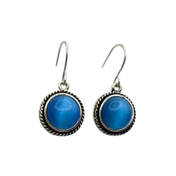 Pierced Earrings Blue Cat’s Eye Cabochon Round Rope Bezel Silver Tone Retro - Picture 2 of 10